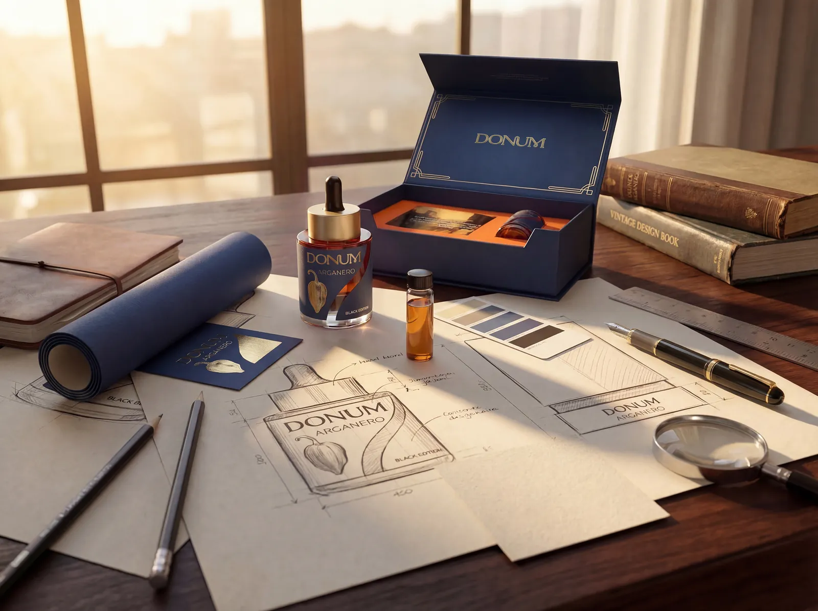 Entwicklungszeichnungen, Farbmuster und der fertige Flakon auf einem Ateliertisch